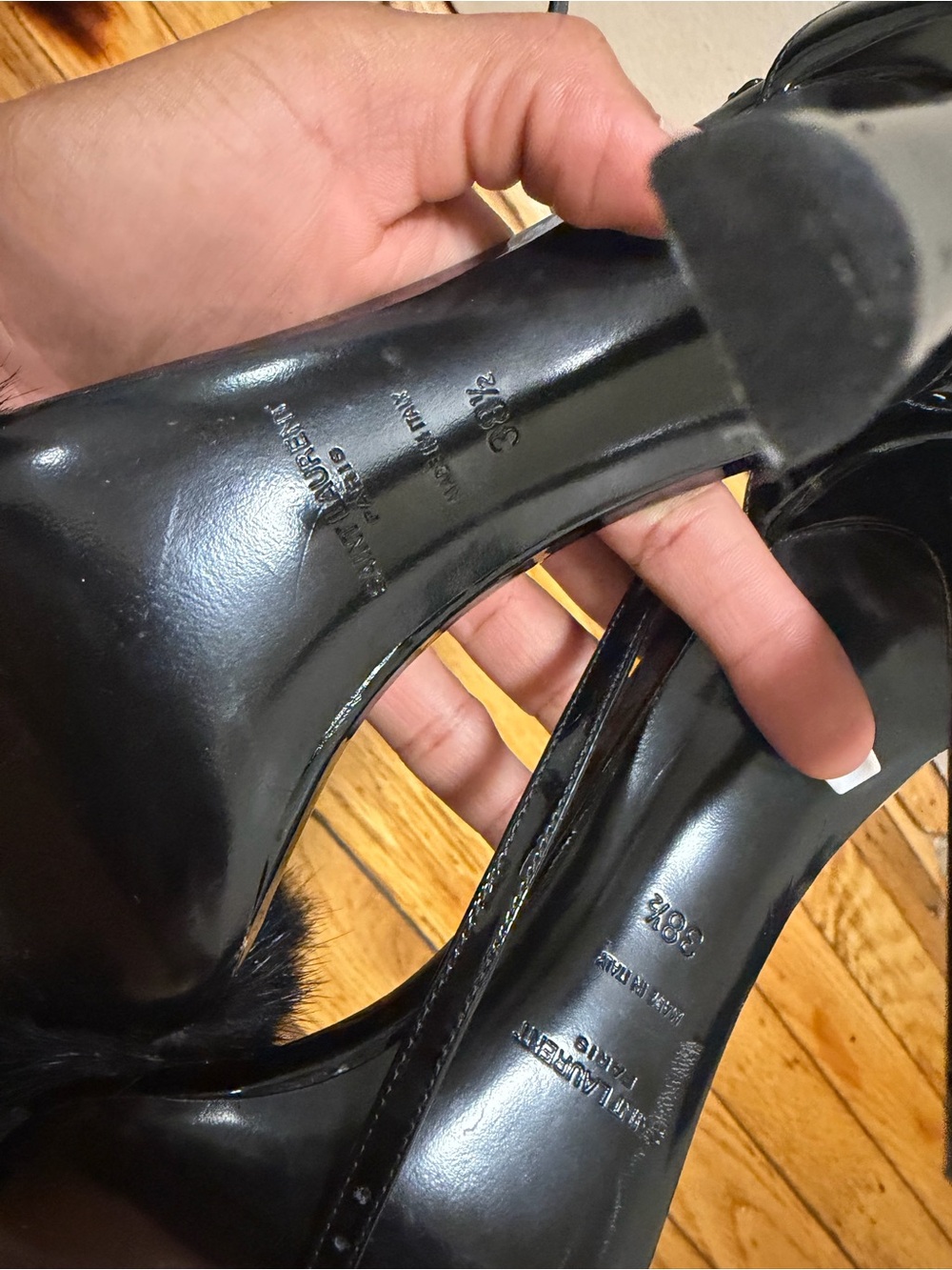 Saint Laurent Black Fur Ankle-Strap Heels - Picture 4 of 4